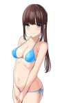  1girl absurdres aqua_eyes bangs bare_arms bikini blue_bikini blue_swimsuit blunt_bangs blush breasts brown_hair cleavage closed_mouth collarbone commentary covered_nipples eyebrows_visible_through_hair highres long_hair looking_at_viewer marui_koishi medium_breasts navel original side-tie_bikini sideboob sidelocks simple_background solo standing stomach swimsuit white_background 