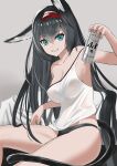  1girl :d animal_ear_fluff animal_ears arknights armpits bangs bare_arms bare_shoulders beer_can black_hair black_panties blaze_(arknights) blue_eyes breasts can cat_ears cat_girl cat_tail cleavage eyebrows_visible_through_hair gradient gradient_background grey_background grin highres holding holding_can long_hair looking_at_viewer medium_breasts panties parted_lips sitting sleeveless smile solo strap_slip tail tank_top underwear very_long_hair you_san 