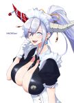  1girl absurdres apron artist_name asymmetrical_horns azur_lane between_breasts black_necktie breasts center_opening earrings eyebrows_visible_through_hair fangs from_side gloves hachi5art hair_between_eyes hair_on_horn hakuryuu_(azur_lane) hakuryuu_(slice_dice_and_serve)_(azur_lane) highres horns jewelry long_hair maid_headdress mole mole_on_breast multiple_horns necktie necktie_between_breasts official_alternate_costume ponytail puffy_short_sleeves puffy_sleeves red_horns short_sleeves simple_background solo upper_body white_apron white_background white_eyes white_gloves white_hair white_horns 