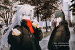  2girls :p alternate_costume animal_ear_fluff animal_ears antenna_hair arknights bangs black_coat black_hair breath casual city coat cold day eyebrows_visible_through_hair food grey_eyes grey_scarf hair_between_eyes hand_in_pocket highres holding holding_food lappland_(arknights) long_hair long_sleeves looking_at_viewer multicolored_hair multiple_girls open_clothes open_coat outdoors puffy_long_sleeves puffy_sleeves red_hair red_scarf runamonet scarf silver_hair texas_(arknights) tongue tongue_out translation_request tree two-tone_hair upper_body v-shaped_eyebrows very_long_hair winter_clothes winter_coat wolf_ears yellow_eyes 