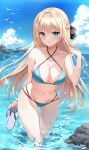  1girl ass_visible_through_thighs bare_arms bare_shoulders bikini blonde_hair blue_bikini blue_eyes bow braid breasts cleavage closed_mouth collarbone criss-cross_halter day earrings glint hair_bow halterneck hand_up highres jewelry large_breasts long_hair looking_at_viewer mayo_(miyusa) multi-strapped_bikini navel ocean original outdoors slippers smile solo standing stomach string_bikini swimsuit thighs very_long_hair wading water 
