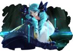  1girl absurdres ahoge bangs black_bow black_dress black_gloves blue_hair bow breasts dress drill_hair frilled_dress frills gloves green_eyes green_hair grey_dress gwen_(league_of_legends) hair_bow highres league_of_legends long_dress long_hair needle night night_sky puffy_short_sleeves puffy_sleeves sewing_needle shan_linqin short_sleeves sky smile solo twin_drills white_background 