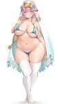  1girl absurdres alternate_costume arm_at_side bangs bikini blue_bikini blue_eyes blush breasts commentary_request contrapposto curvy dot_nose earrings eyebrows_visible_through_hair fire_emblem fire_emblem_heroes flower full_body gradient_hair gunnthra_(fire_emblem) hair_between_eyes head_tilt highres jewelry large_breasts long_hair looking_at_viewer multicolored_hair neneneji open_mouth pink_hair plump rose shadow simple_background skindentation smile solo standing string_bikini swimsuit thick_thighs thighs 