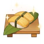  artist_request commentary cutting_board english_commentary food food_focus genshin_impact leaf lowres no_humans official_art omelet rice sparkle still_life sushi tamagoyaki third-party_source transparent_background 