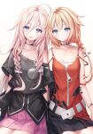  2girls :d bangs bare_shoulders black_choker black_shirt black_skirt blonde_hair blue_eyes braid brown_background camisole cevio choker closed_mouth collarbone eyebrows_visible_through_hair gradient gradient_background hair_between_eyes ia_(vocaloid) long_hair multiple_girls murano o-ring o-ring_top off_shoulder one_(cevio) pink_hair pink_skirt pleated_skirt red_camisole shirt short_sleeves skirt smile twin_braids very_long_hair vocaloid white_background zipper_pull_tab 