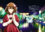  1girl absurdres bangs blurry blurry_background blush brown_eyes brown_hair city_lights closed_mouth dress flower frilled_dress frills hair_flower hair_ornament hands_up hibike!_euphonium highres holding holding_flower ikeda_shouko lens_flare looking_at_viewer night official_art oumae_kumiko outdoors pink_flower red_dress short_hair short_sleeves smile solo standing 