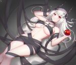  1girl absurdres apple arknights bikini bitten_apple black_bikini black_ribbon breasts closed_mouth demon_horns doraski feet_out_of_frame food food_bite front-tie_bikini front-tie_top fruit highres holding holding_food holding_fruit horns infection_monitor_(arknights) jewelry large_breasts long_hair looking_at_viewer lying mudrock_(arknights) mudrock_(silent_night)_(arknights) navel necklace on_back pendant pointy_ears red_eyes ribbon solo stomach swimsuit thighs underboob white_hair 
