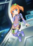  1girl :d bangs blue_eyes blush bodysuit bow breasts commentary commission covered_navel craytm earth_(planet) english_commentary eyebrows_visible_through_hair full_body green_bow hair_bow hand_to_own_mouth hand_up highres looking_at_viewer orange_hair original pink_bodysuit planet ponytail small_breasts smile solo space space_craft star_(sky) zero_gravity 