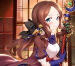  1girl bangs black_bow blue_eyes blush bow breasts brown_hair fate/grand_order fate_(series) forehead hair_bow highres leonardo_da_vinci_(fate) leonardo_da_vinci_(rider)_(fate) long_hair looking_at_viewer m-da_s-tarou parted_bangs ponytail puff_and_slash_sleeves puffy_short_sleeves puffy_sleeves short_sleeves small_breasts thighs 