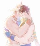  2boys battle_tendency biceps bracelet brown_hair crop_top earrings fingerless_gloves gloves green_scarf halter_top halterneck highres hoop_earrings hug jewelry jojo_no_kimyou_na_bouken joseph_joestar joseph_joestar_(young) male_focus midriff multiple_boys ningzzz pale_color scarf striped striped_scarf turban vertical-striped_scarf vertical_stripes wamuu 