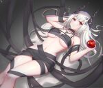  1girl absurdres apple arknights bikini bitten_apple black_bikini black_ribbon breasts closed_mouth demon_horns doraski feet_out_of_frame food food_bite front-tie_bikini front-tie_top fruit highres holding holding_food holding_fruit horns infection_monitor_(arknights) jewelry large_breasts long_hair looking_at_viewer lying mudrock_(arknights) mudrock_(silent_night)_(arknights) navel necklace on_back pendant pointy_ears red_eyes ribbon see-through solo stomach swimsuit thighs underboob white_hair 