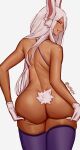  1girl absurdres animal_ears ass ass_grab boku_no_hero_academia dark-skinned_female dark_skin eyebrows_visible_through_hair from_behind gloves grin hands_on_own_ass highres lips looking_at_viewer mirko parted_lips rabbit_ears rabbit_girl rabbit_tail red_eyes smile solo tail teeth twitter_username waki_(w4kih) white_gloves white_hair 
