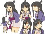  1girl :d ace_attorney back bangs black_hair blunt_bangs exasperation eyebrows_visible_through_hair full_body half_updo japanese_clothes jewelry kimono long_hair looking_at_viewer looking_away maya_fey multiple_views necklace smile tsubobot v-shaped_eyebrows white_background 