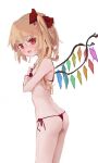  1girl alternate_costume armpit_crease ass bangs bare_arms bare_shoulders bikini blonde_hair blush bow butt_crack covering covering_chest cowboy_shot crossed_arms d: embarrassed english_commentary eyebrows_visible_through_hair eyes_visible_through_hair fang flandre_scarlet flat_ass from_behind from_side full-face_blush furrowed_brow hair_between_eyes hair_bow highres long_hair looking_at_viewer looking_back looking_to_the_side lowleg lowleg_bikini nail_polish no_hat no_headwear no_nose open_mouth red_bikini red_bow red_nails reddizen side-tie_bikini side_ponytail simple_background sketch solo standing string_bikini sweat swimsuit touhou white_background wings 