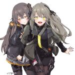  2girls artist_name bangs black_gloves black_jacket black_ribbon blush brown_hair citron80citron commentary english_commentary eyebrows_visible_through_hair fingerless_gloves girls&#039;_frontline gloves hair_ribbon highres jacket looking_at_viewer looking_back multiple_girls name_tag open_mouth orange_eyes ribbon scar scar_on_face shirt simple_background ump40_(girls&#039;_frontline) ump45_(girls&#039;_frontline) white_shirt yellow_eyes 