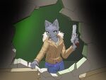  anthro bottomwear clothing denim denim_clothing detailed_background domestic_cat felid feline felis female front_view frown fur grey_body grey_fur gun handgun hi_res holding_gun holding_object holding_weapon hole_in_wall jacket jeans mammal pants ranged_weapon revolver solo standing teal_eyes the_creacher topwear weapon 