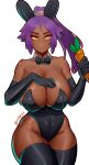  1girl absurdres bare_shoulders black_footwear black_gloves black_leotard bleach boots breasts brown_eyes cleavage closed_mouth dark-skinned_female dark_skin elbow_gloves eyebrows_visible_through_hair gloves highres large_breasts leotard looking_at_viewer playboy_bunny ponytail purple_hair shihouin_yoruichi solo thigh_boots thighhighs twitter_username waki_(w4kih) 