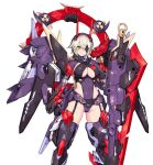  1girl auv_susanowo bangs breasts center_opening covered_navel crossed_bangs eyepatch garter_straps green_eyes highleg highleg_leotard impossible_clothes impossible_leotard large_breasts leotard long_hair looking_at_viewer mecha_musume mechanical_legs megami_device nidy official_art purple_leotard shiny shiny_hair shiny_skin simple_background skin_tight solo standing white_background 