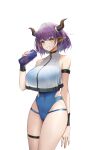  1girl :d absurdres alternate_costume animal_ears arknights arm_strap bangs bare_shoulders blue_swimsuit blush bottle breasts casual_one-piece_swimsuit covered_navel cow_ears cow_horns cowboy_shot crop_top crop_top_overhang eyebrows_visible_through_hair genera-x highres holding holding_bottle horns large_breasts one-piece_swimsuit parted_lips purple_hair short_hair sideroca_(arknights) simple_background smile solo swimsuit thigh_strap white_background yellow_eyes 