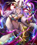  1girl absurdres animal_ears bangs bat_wings breasts character_request clawed_gauntlets company_name copyright copyright_request fur_trim hand_up headgear highres long_hair medium_breasts navel official_art pink_eyes purple_eyes revealing_clothes solo teffish wings 