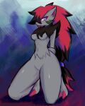  2021 3_fingers 4:5 anthro breasts canid canine claws female fingers fluffy grey_body hair hi_res icykatsura inner_ear_fluff kneeling long_hair looking_at_viewer mammal nintendo pok&eacute;mon pok&eacute;mon_(species) ponytail red_eyes red_hair shoulder_tuft simple_background solo tuft video_games zoroark 