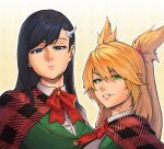  2girls bangs black_hair blonde_hair blue_eyes burn_the_witch cape dotted_background ehkcaio expressionless green_eyes green_jacket hair_between_eyes hair_ornament hairclip half-closed_eyes highres jacket long_hair multiple_girls niihashi_noel ninny_spangcole plaid_capelet red_cape smile swept_bangs upper_body 