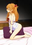  1girl absurdres bare_arms bare_legs barefoot blurry blurry_background blush bow breasts camisole closed_eyes commentary_request eyebrows_visible_through_hair female_masturbation full_body highres indoors interface_headset long_hair lukeskytera masturbation neon_genesis_evangelion nipples on_bed open_mouth orange_hair pillow_sex profile red_bow sitting_on_pillow small_breasts solo souryuu_asuka_langley strap_slip sweat toes white_camisole 