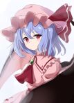  1girl ascot bangs bat_wings blue_hair closed_mouth eyebrows_visible_through_hair hat hat_ribbon hoshikage_syo looking_at_viewer mob_cap pink_headwear pink_shirt red_ascot red_eyes red_ribbon remilia_scarlet ribbon shirt short_hair signature simple_background solo touhou upper_body white_background wings 