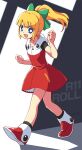  1girl blonde_hair bow dress eyebrows_visible_through_hair full_body green_bow green_eyes hair_bow long_hair looking_at_viewer mega_man_(classic) mega_man_(series) mega_man_11 open_mouth ponytail red_dress red_skirt roll_(mega_man) skirt smile solo standing yamai 