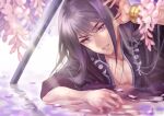  1boy bishounen black_hair black_shirt bracelet itsuki_(strife_ninnin) jewelry long_hair looking_at_viewer male_focus parted_lips partially_submerged petals planted planted_sword purple_eyes shirt signature solo sword tales_of_(series) tales_of_vesperia water weapon yuri_lowell 