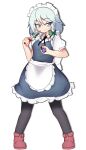  1girl black_legwear bow closed_mouth eyebrows_visible_through_hair full_body green_bow grey_eyes grey_hair hair_bow highres holding holding_knife izayoi_sakuya knife linkaluote looking_at_viewer maid maid_headdress pantyhose short_hair short_sleeves smile solo touhou 