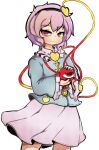  1girl :3 blush closed_mouth eyebrows_visible_through_hair hairband komeiji_satori linkaluote long_sleeves looking_at_viewer pink_eyes pink_hair pink_skirt short_hair skirt smile solo third_eye touhou 