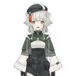  1girl animal_ears animated baton_(weapon) belt belt_pouch black_gloves black_headwear blush cleavage_cutout clothing_cutout covered_navel dog_ears eyebrows_visible_through_hair gloves green_eyes grey_background grey_hair hat holster holstered_weapon live2d long_sleeves medium_hair mgg_(x_arte) open_mouth original pouch see-through shoulder_cutout shuriken simple_background solo tassel teeth tight tongue turtleneck twintails upper_teeth walkie-talkie weapon wide_sleeves zipper zipper_pull_tab 