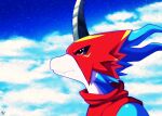  2018 ambiguous_gender anthro armor background_sky bandai_namco blue_body blue_skin cloudscape digimon digimon_(species) digital_media_(artwork) dragon flamedramon fyuuri headgear headshot_portrait helmet horn looking_up portrait red_eyes side_view sky solo 