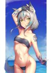  1girl animal_ear_fluff animal_ears aqua_hair armpits breasts casual_one-piece_swimsuit cat_girl cat_tail covered_navel grey_hair gris_swimsuit hair_between_eyes highleg highleg_swimsuit highres looking_at_viewer medium_breasts meme_attire multicolored_hair navel nitrus off-shoulder_one-piece_swimsuit off_shoulder one-piece_swimsuit original purple_hair see-through see-through_swimsuit shiny shiny_clothes shiny_hair shiny_skin short_hair solo standing stomach strapless strapless_swimsuit swimsuit tail tattoo yellow_eyes 