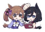  2girls :p animal_ears bangs black_hair blue_eyes blush bow bowl brown_eyes brown_hair brown_shirt chef_hat chibi closed_mouth commentary cropped_torso eishin_flash_(umamusume) eyebrows_visible_through_hair food hair_between_eyes hair_bow hair_ornament hairclip hat hitomiz holding holding_bowl horse_ears horse_girl horse_tail long_sleeves mixing_bowl multiple_girls open_mouth pink_bow pleated_skirt purple_bow purple_shirt purple_skirt school_uniform shirt simple_background skirt smart_falcon_(umamusume) smile symbol-only_commentary tail tilted_headwear tongue tongue_out tracen_school_uniform twintails umamusume upper_body whisk white_background white_bow white_headwear 