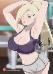  1girl absurdres agung911 armpits arms_up bangs blonde_hair blurry blurry_background blush boruto:_naruto_next_generations bra breasts curvy exercise green_eyes highres long_hair looking_at_viewer midriff naruto_(series) navel one_eye_closed ponytail purple_bra signature sweat tongue tongue_out underwear yamanaka_ino 