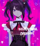  1girl ame-chan_(needy_girl_overdose) black_bow black_hair bow closed_mouth dress eyelashes facing_viewer frilled_dress frills frown glitch heart highres looking_away needy_girl_overdose one_eye_covered pink_background pixelated puffy_short_sleeves puffy_sleeves purple_eyes short_hair short_sleeves sidelocks skirt solo standing star_(symbol) suspender_skirt suspenders twintails 