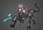  1girl blush breasts cleavage eyebrows_visible_through_hair fang highres holding holding_weapon large_breasts looking_at_viewer mecha mecha_musume open_mouth original pink_eyes pink_hair short_hair short_twintails skin_fang smile solo stmast twintails weapon 