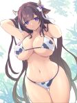  1girl animal_ears animal_print azur_lane bare_shoulders bikini bow breasts brown_hair chingisu cleavage collarbone covered_nipples cow_ears cow_girl cow_horns cow_print cow_tail flower hair_flower hair_ornament halterneck horns huge_breasts kashino_(azur_lane) long_hair looking_at_viewer navel purple_bow purple_eyes smile solo stomach swimsuit tail thigh_gap very_long_hair 