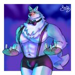  1:1 2021 abs anthro beverage biceps big_muscles blue_body blue_eyes blue_fur blue_hair blush brand_new_animal bulge canid canine canis clothed clothing digital_media_(artwork) fur hair hi_res humanoid male mammal muscular muscular_anthro muscular_male pecs portrait rrobburr shirou_ogami solo straps studio_trigger three-quarter_portrait underwear vein waiter white_body white_fur wide_shoulders wolf 