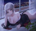  1girl absurdres ame_816 bangs bare_legs bare_shoulders bed black_kimono blue_eyes breasts character_request city_lights cleavage closed_mouth collarbone commission curtains eyebrows_visible_through_hair grey_hair hair_intakes hand_on_own_chin head_rest highres hotel huge_breasts japanese_clothes kimono legs_together light_blush long_hair looking_at_viewer lying night off_shoulder on_stomach sidelocks smile solo window 