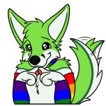  anthro armwear big_eyes black_nose canid canine canis clothing collar digital_media_(artwork) fidget_the_fox fox fur green_body green_eyes green_fur hair male mammal multicolored_armwear multicolored_clothing pawpads paws pink_pawpads rainbow rainbow_armwear rainbow_clothing rainbow_collar solo supersonicsoup tail_motion tailwag telegram telegram_stickers tongue white_body white_fur 