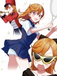  1girl band_uniform bangs happy highres instrument love_live! love_live!_superstar!! mask masquerade_mask medium_hair naarann nervous orange_hair purple_eyes racket shibuya_kanon smile solo sportswear sweat tennis_racket tennis_uniform thighs trumpet 