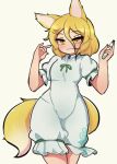  1girl :3 animal_ears blonde_hair brown_eyes closed_mouth eyebrows_visible_through_hair fox_ears fox_girl fox_tail hair_between_eyes highres kudamaki_tsukasa linkaluote looking_at_viewer romper short_hair smile solo tail test_tube touhou 