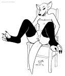  2021 anthro black_and_white breasts chair claws clothing ear_piercing ear_ring female furniture genitals kangaroo kangy_(tegerio) legwear macropod mammal marsupial monochrome open_mouth piercing pouch_(anatomy) pussy solo spread_legs spreading tegerio thigh_highs toe_claws toeless_legwear toeless_stockings 