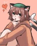  1girl :p animal_ears blush brown_hair cat_ears cat_tail chen ear_piercing earrings extra_ears eyebrows_visible_through_hair feet_out_of_frame finger_to_mouth hair_between_eyes hat heart highres hood hoodie jewelry kashiwara_mana knees_up licking licking_finger looking_away looking_to_the_side mob_cap multiple_tails nail_polish nekomata orange_hoodie piercing pink_background red_nails ring short_hair simple_background single_earring sitting solo tail tongue tongue_out touhou two_tails 
