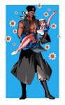  1boy 1girl apron bandana bare_pectorals battle_tendency blonde_hair blue_dress blue_eyes boots carrying daisy dark-skinned_male dark_skin dress earrings esidisi facial_mark facial_tattoo flower hat highres hoop_earrings jewelry jojo_no_kimyou_na_bouken limaotanuki male_focus necklace official_alternate_costume pants pectorals polka_dot polka_dot_apron princess_carry suzi_q tattoo vest waving white_hair 