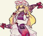  1girl blonde_hair bow breasts closed_mouth eyebrows_visible_through_hair hair_bow highres large_breasts linkaluote long_hair long_sleeves looking_at_viewer purple_eyes red_bow solo touhou yakumo_yukari 