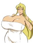  1girl blonde_hair breasts cleavage highres highschool_of_the_dead huge_breasts looking_at_viewer marikawa_shizuka monhuter10 naked_towel standing towel white_background yellow_eyes 